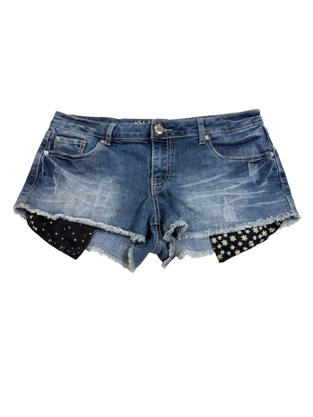 Vintage Rue 21 Womens Denim Daisy Print Distressed Shorts teen 11/12 (PP568)